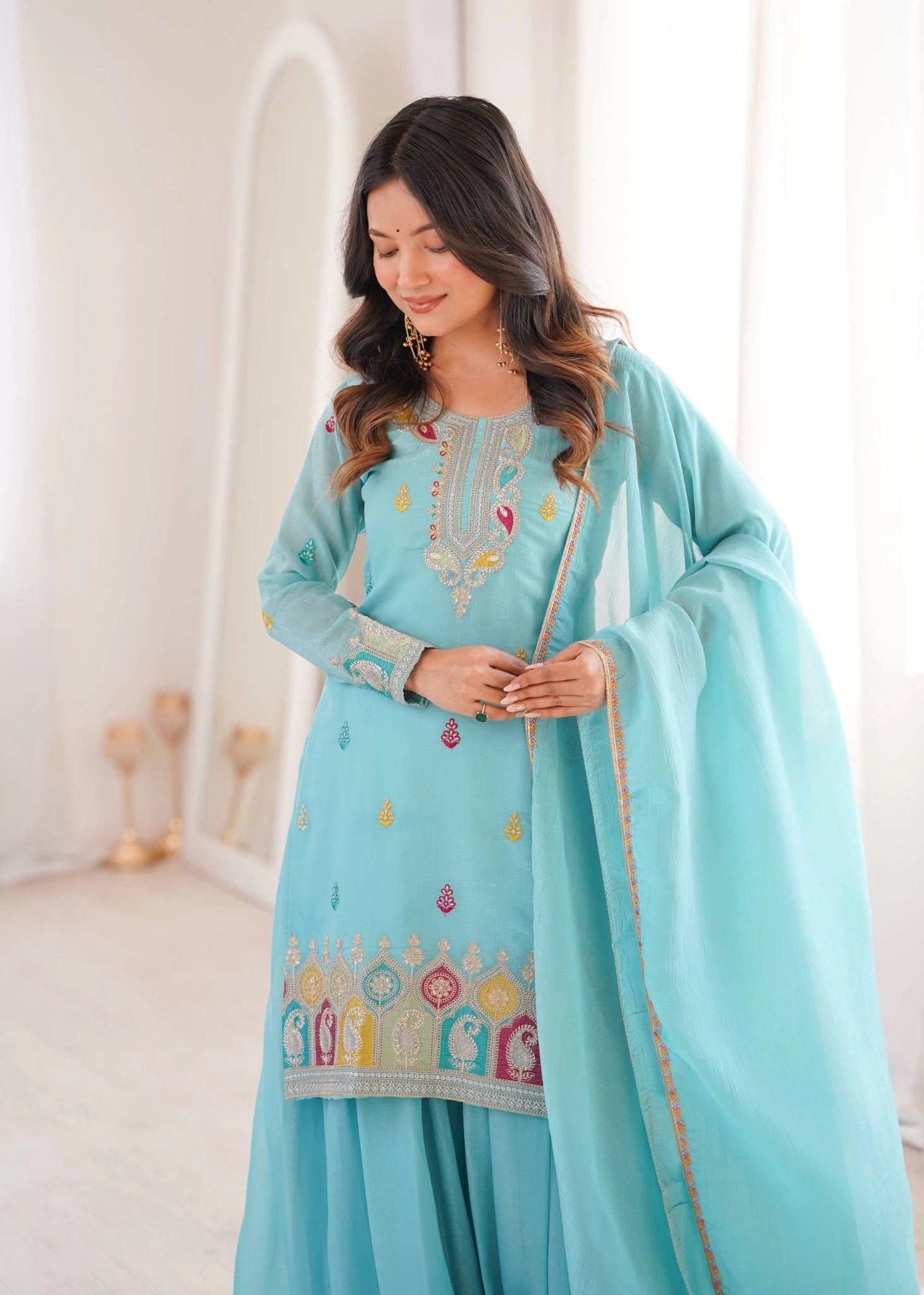 Sky Blue Sequins Embroidered Sharara Suit KU317 front view